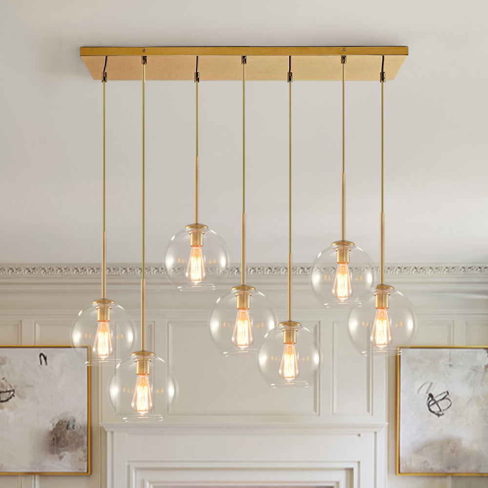 Glazen Bollen Hanglamp Keukeneiland 7 Lichts Messing Zwart 90cm Cluster Eetkamer Woonkamer Rechthoekig Verstelbaar E26 Mid-Century