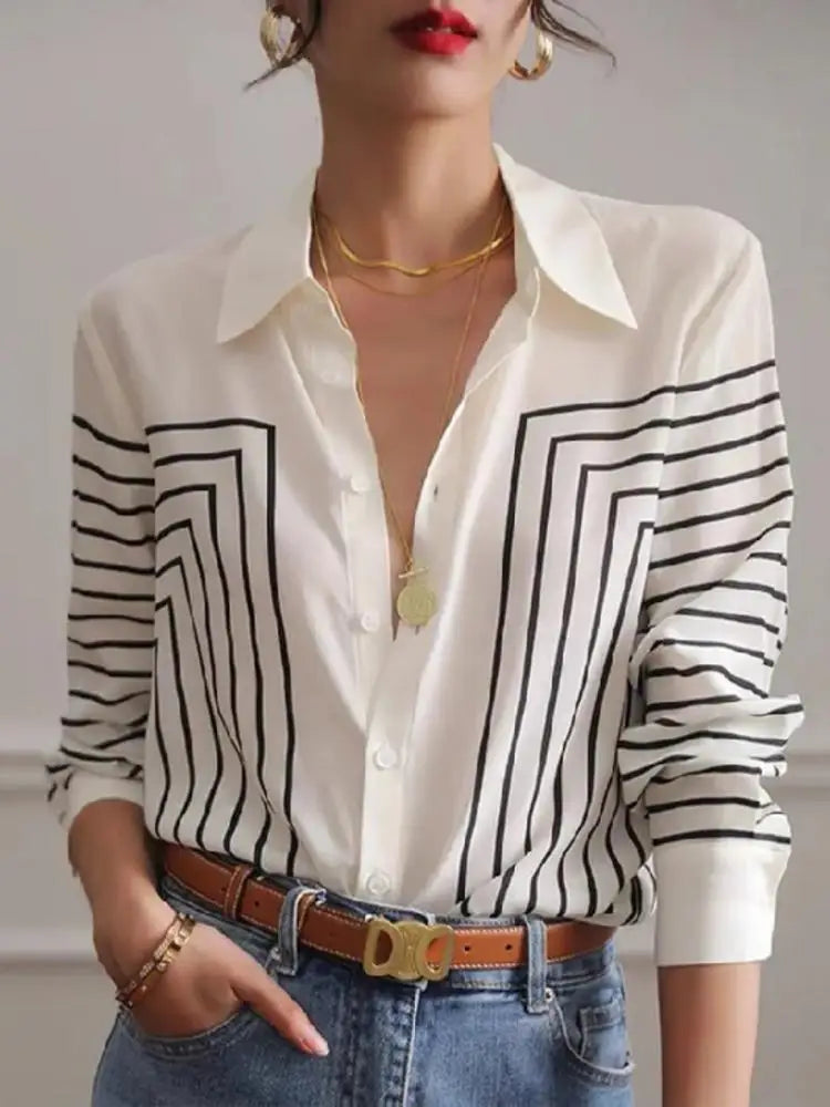 Dames Blouses Met Prints en Lapel Kraag