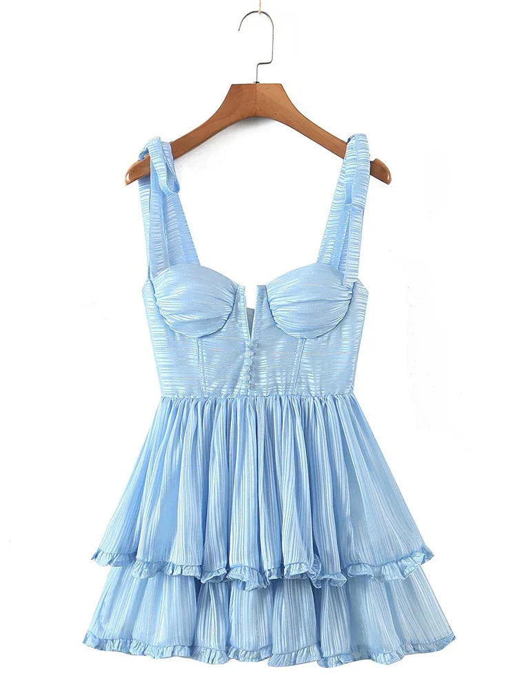 Vrouwen Ruche Chiffon Jurk Spaghetti Bandjes Zomerjurk