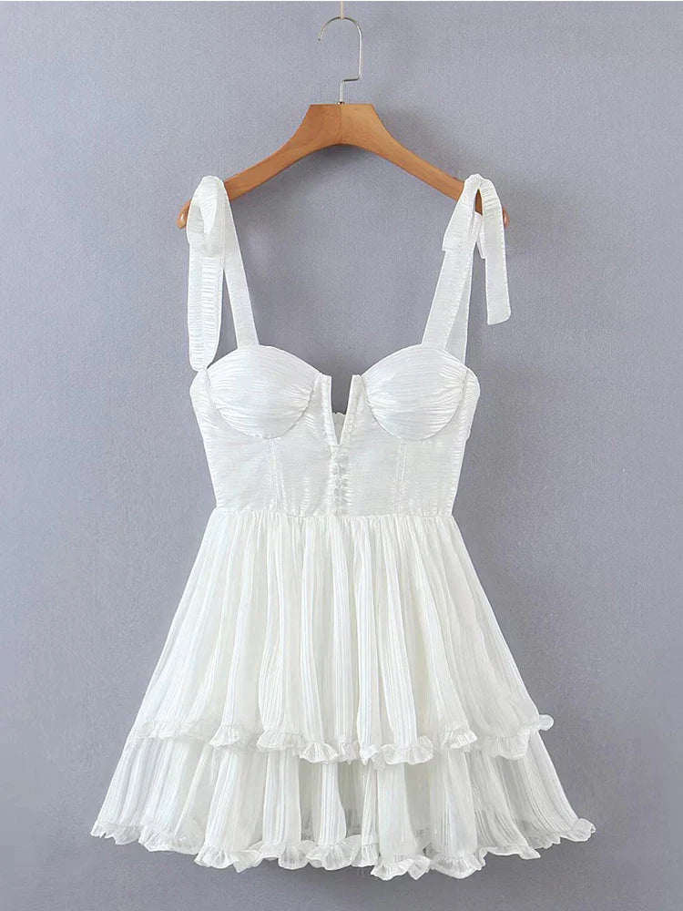 Vrouwen Ruche Chiffon Jurk Spaghetti Bandjes Zomerjurk