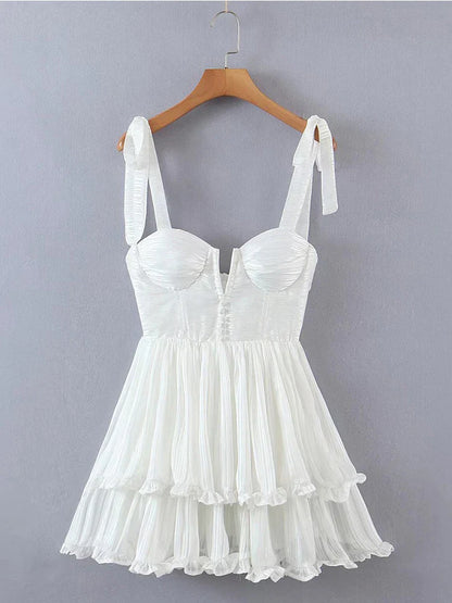 Vrouwen Ruche Chiffon Jurk Spaghetti Bandjes Zomerjurk