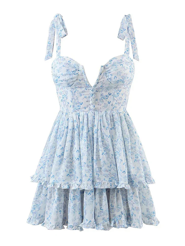 Vrouwen Ruche Chiffon Jurk Spaghetti Bandjes Zomerjurk