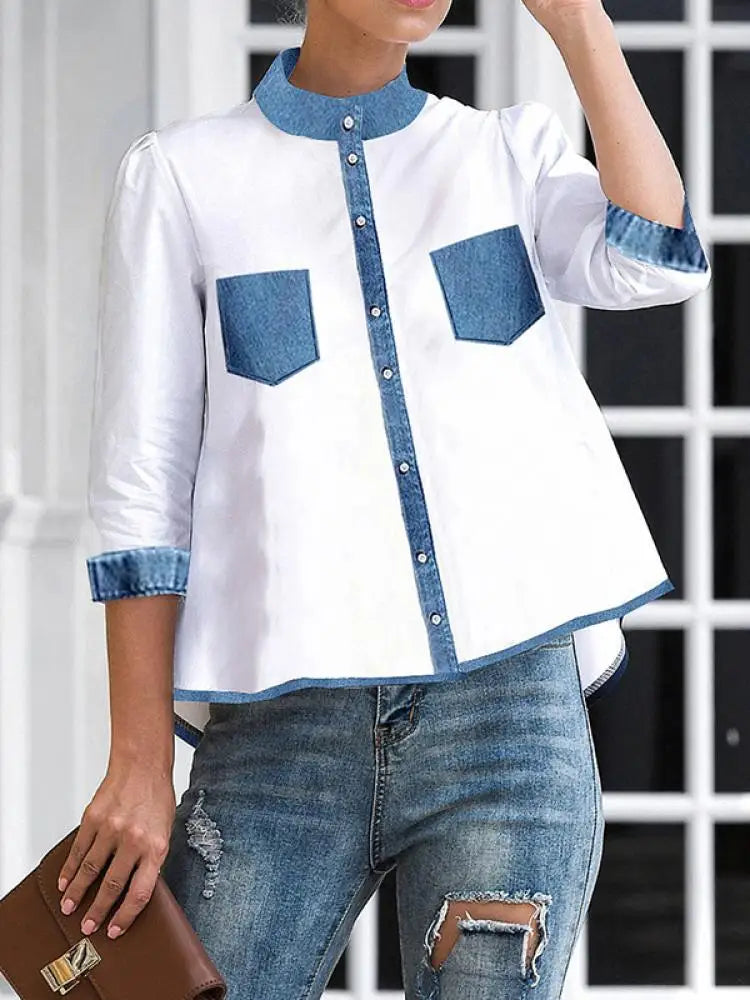 Vrouwelijke Patchwork Blouse Hoog-Laag Model