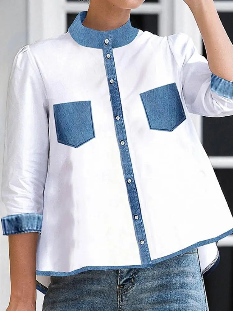 Vrouwelijke Patchwork Blouse Hoog-Laag Model