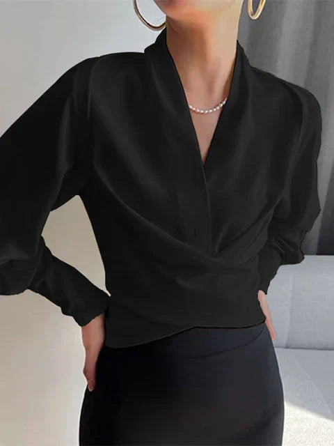 V-Hals Blouse met Pofmouwen en Lage Taille