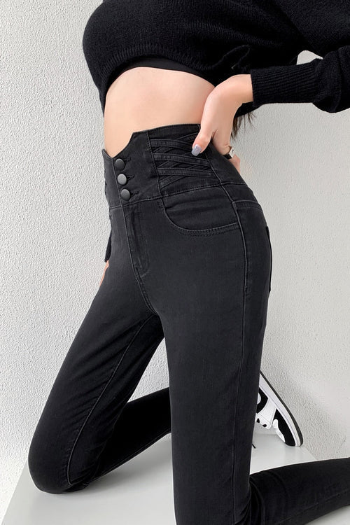 Dames Skinny Jeans Hoge Taille Elastisch met Vintage Knoop