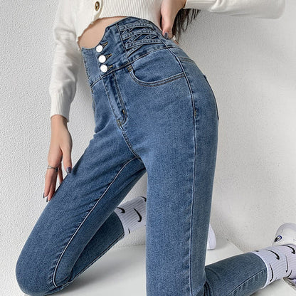 Dames Skinny Jeans Hoge Taille Met Vintage Knopen