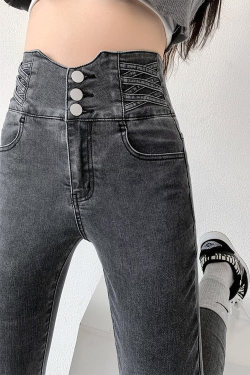 Dames Skinny Jeans Hoge Taille Met Vintage Knopen