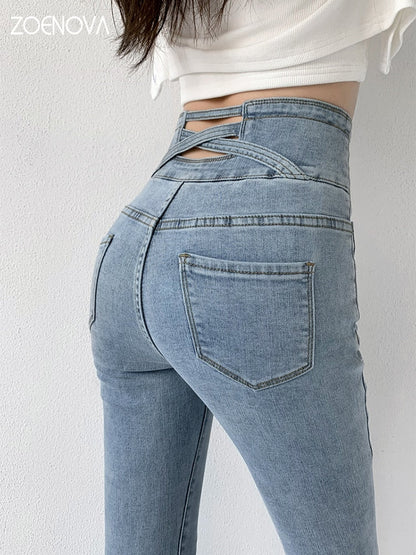 Dames Skinny Jeans Hoge Taille Elastisch met Vintage Knoop - StudioMarella