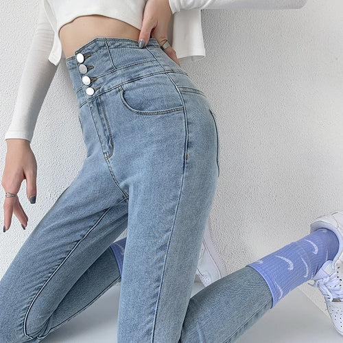Dames Skinny Jeans Hoge Taille Met Vintage Knopen