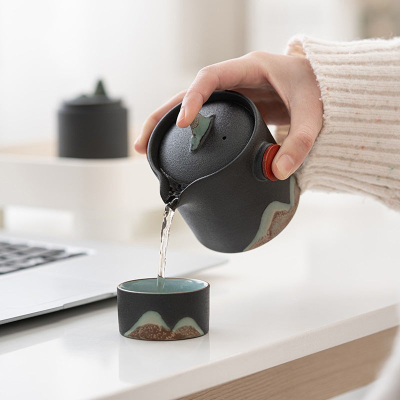 Reis Theeset Japans Keramiek Met Theepot Kopjes Reistas Berglandschap Compact