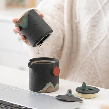 Reis Theeset Japans Keramiek Met Theepot Kopjes Reistas Berglandschap Compact