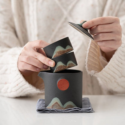 Reis Theeset Japans Keramiek Met Theepot Kopjes Reistas Berglandschap Compact