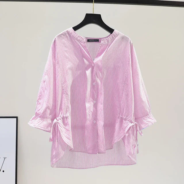 Koreaanse Blouse met V-Hals en Strepen - StudioMarella