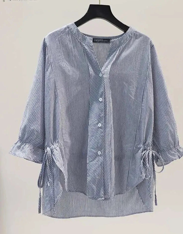 Koreaanse Blouse met V-Hals en Strepen