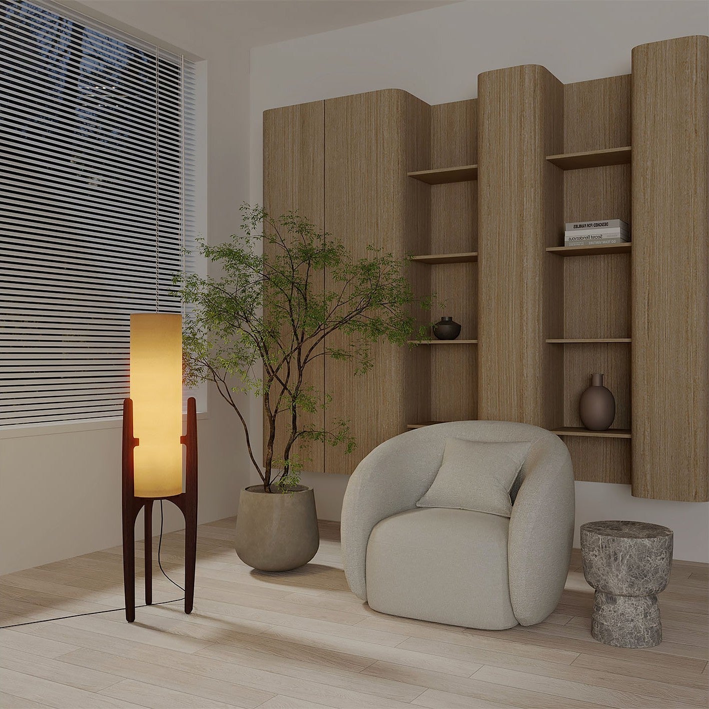 Zen Staande Lamp Met Linnen Kap En Natuurlijk Houten Frame