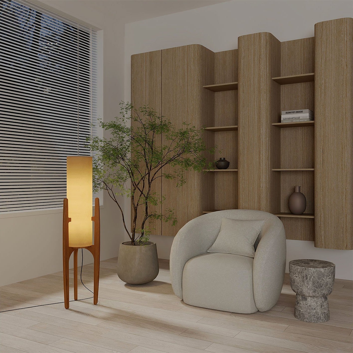 Zen Staande Lamp Met Linnen Kap En Natuurlijk Houten Frame
