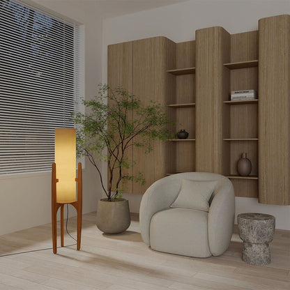 Zen Staande Lamp Met Linnen Kap En Natuurlijk Houten Frame