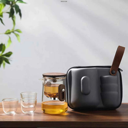 Glazen Reistheepot 330ml Borosilicaat met Cups en Reiskoffer Camping Outdoor