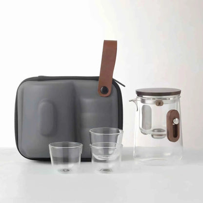 Glazen Reistheepot 330ml Borosilicaat met Cups en Reiskoffer Camping Outdoor
