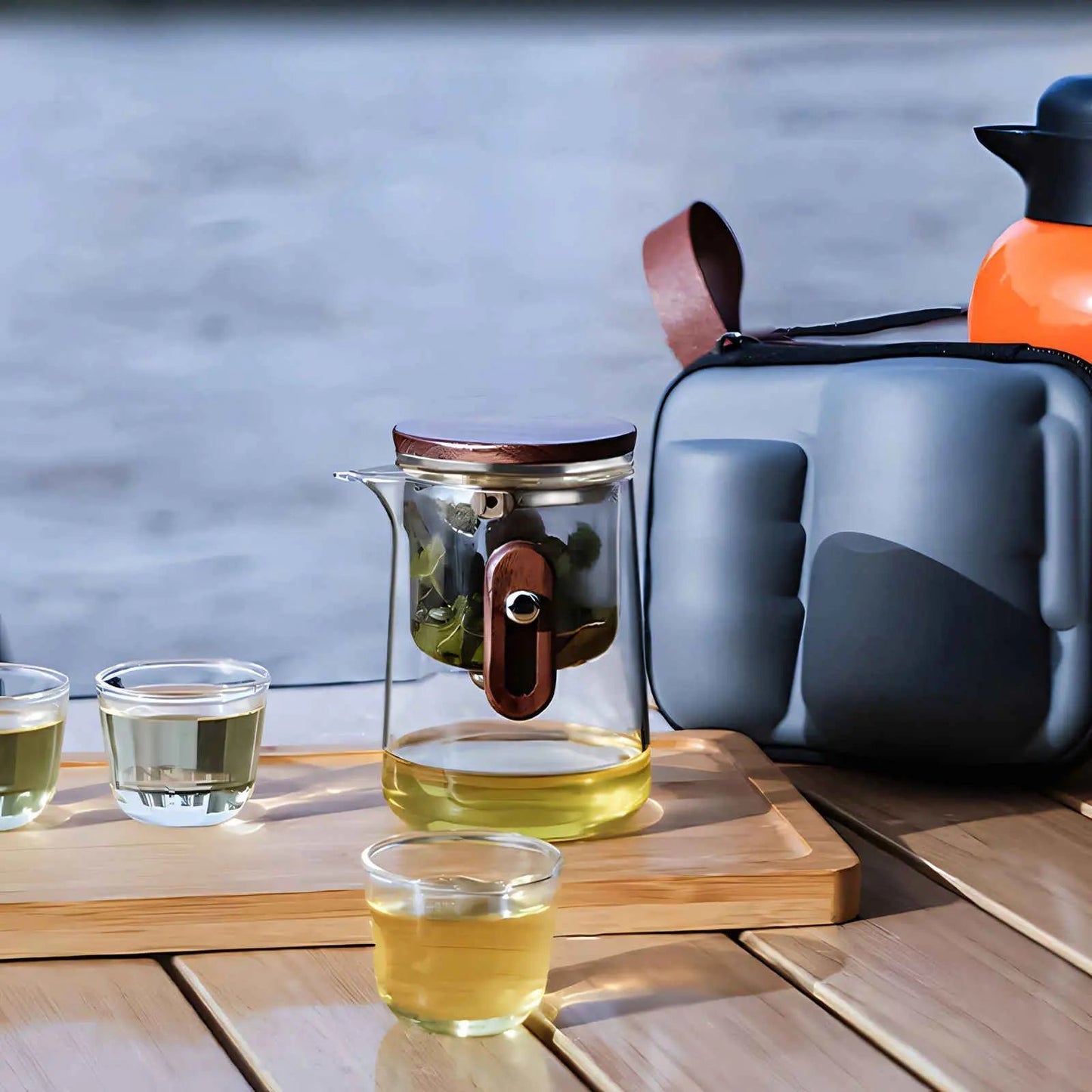 Glazen Reistheepot 330ml Borosilicaat met Cups en Reiskoffer Camping Outdoor
