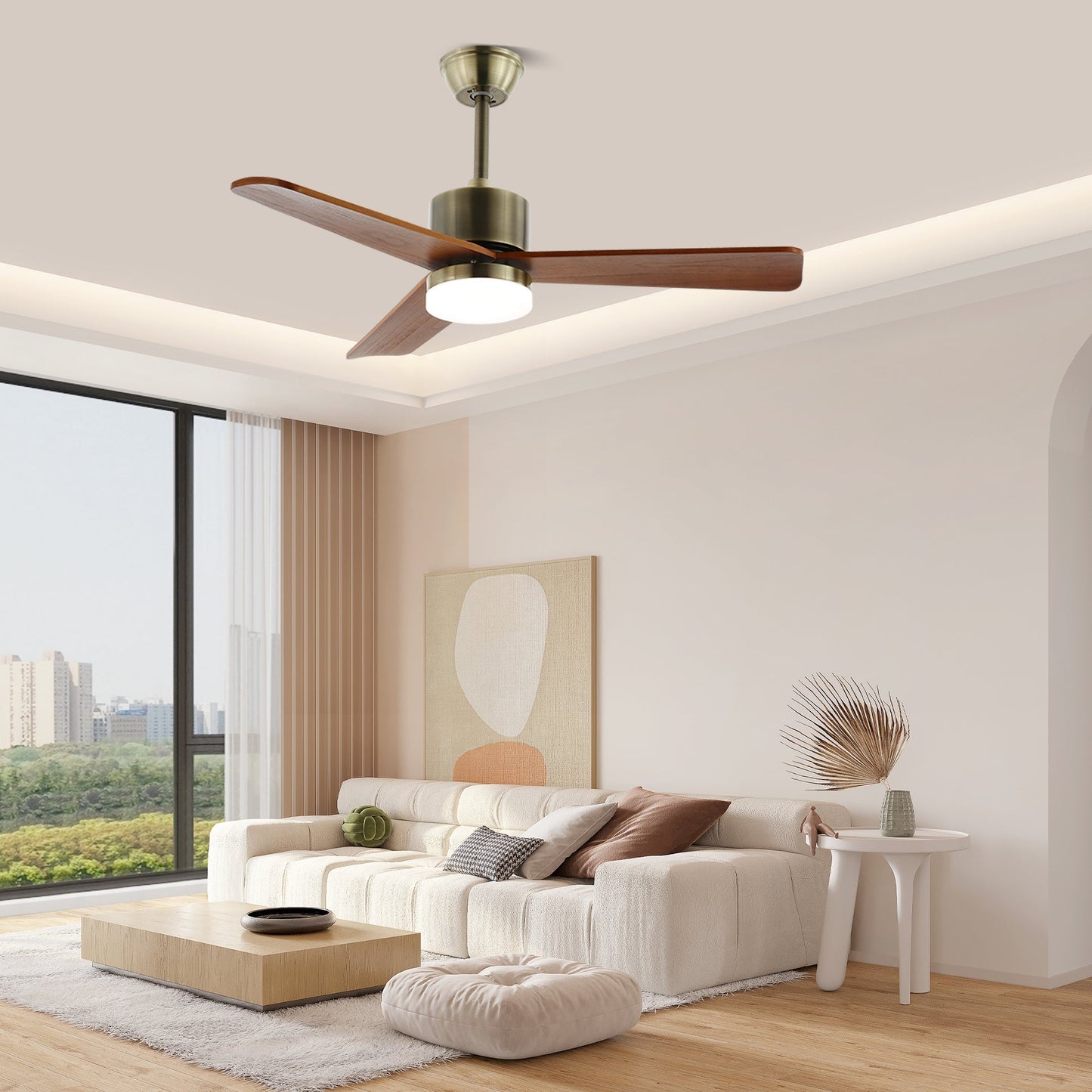 Plafondventilator met Verlichting – Minimalistische Ventilator in Zilver en Hout – 6 Snelheden – Afstandsbediening – 106/132 cm – LED 35W – Plafondverlichting met Ventilatiefunctie