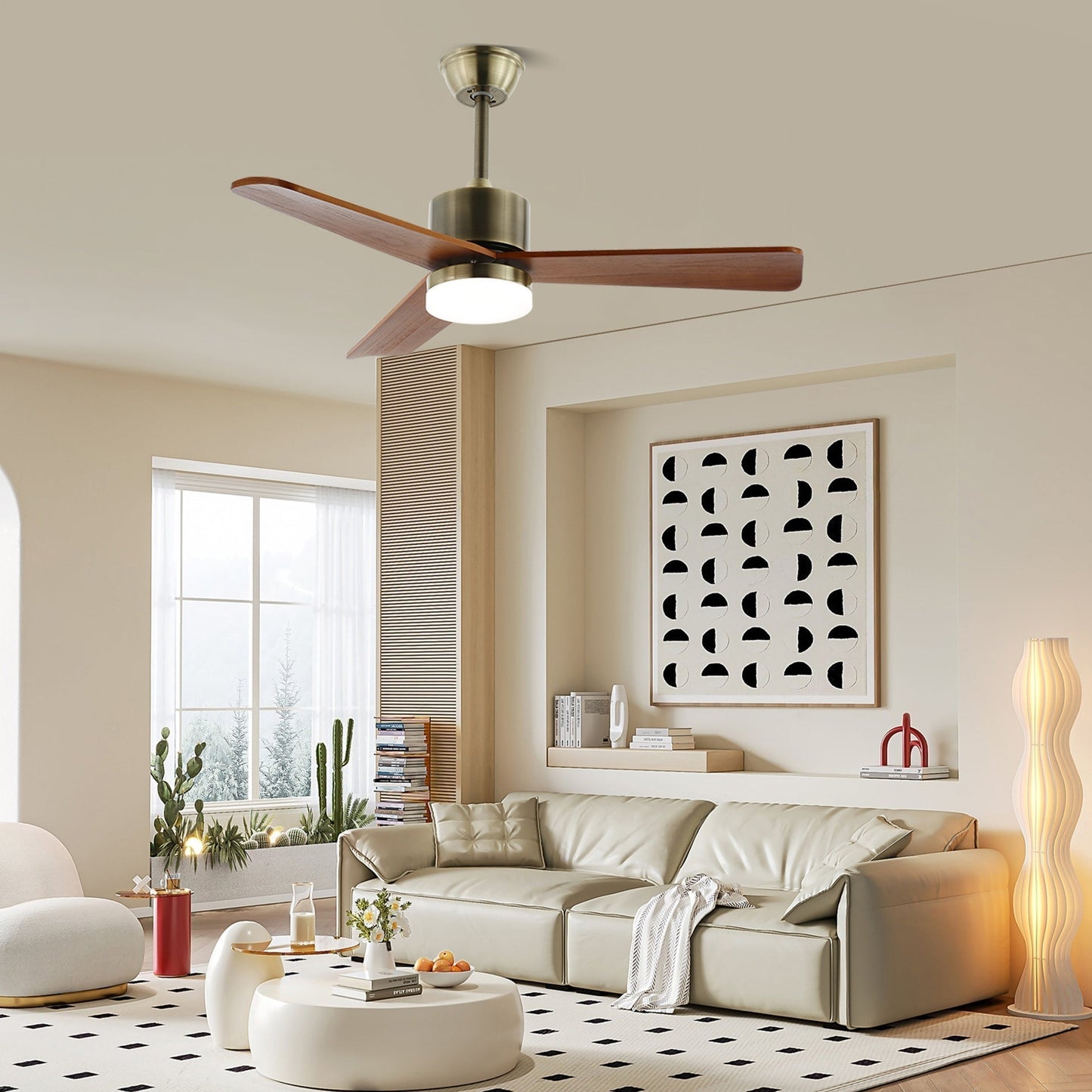 Plafondventilator met Verlichting – Minimalistische Ventilator in Zilver en Hout – 6 Snelheden – Afstandsbediening – 106/132 cm – LED 35W – Plafondverlichting met Ventilatiefunctie