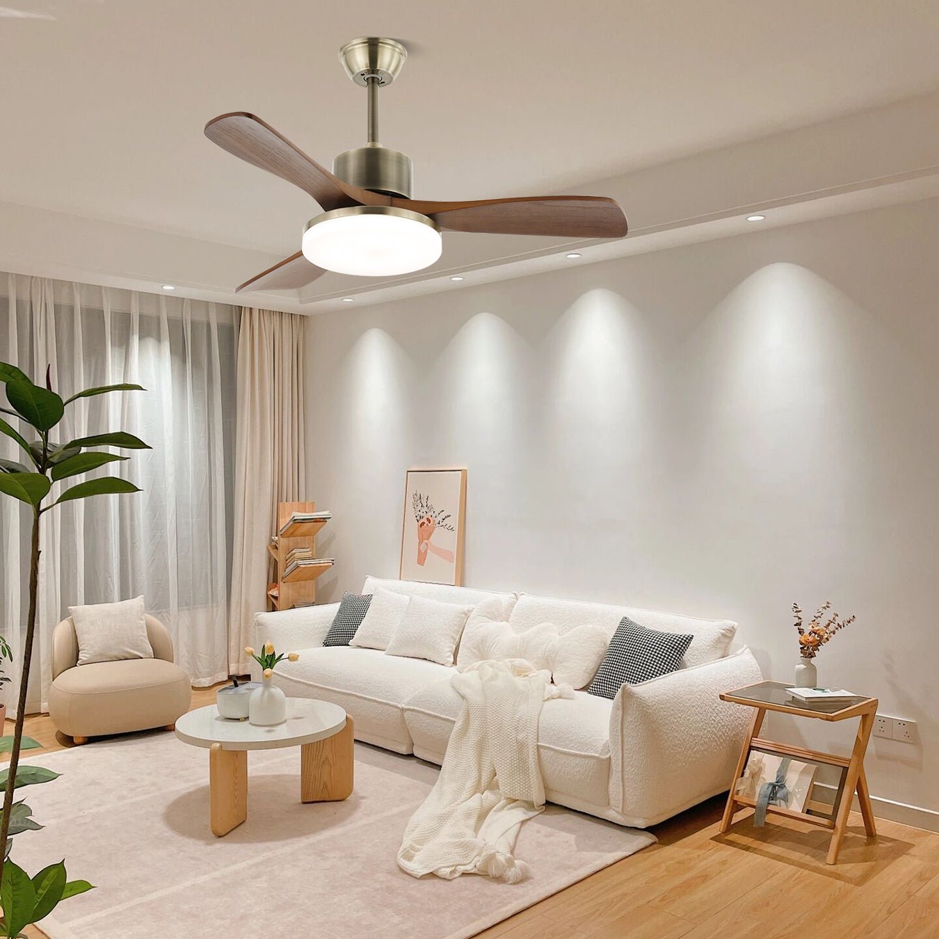 Plafondventilator met Verlichting – Minimalistische Ventilator in Zilver en Hout – 6 Snelheden – Afstandsbediening – 106/132 cm – LED 35W – Plafondverlichting met Ventilatiefunctie