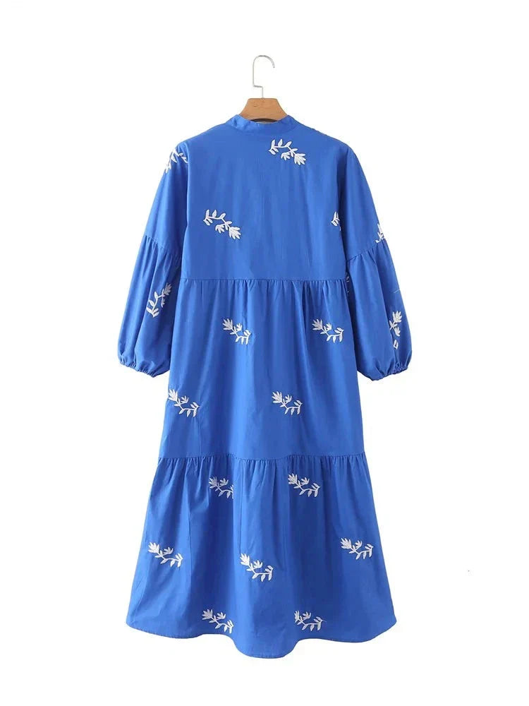 Bloemenborduur Jurk Midi Elegante Vrouwelijke Zomerjurk