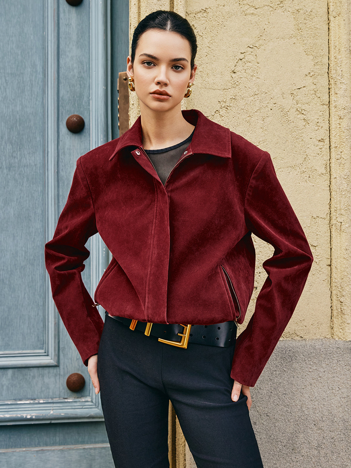 Dames Suede Jas Lange Mouwen met Rits en Zakken - StudioMarella