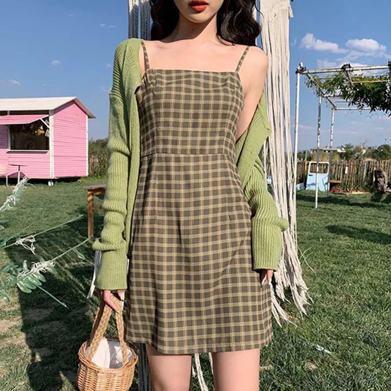 Groene Vintage Ruit Jurk Zomerse Avocado Stijl