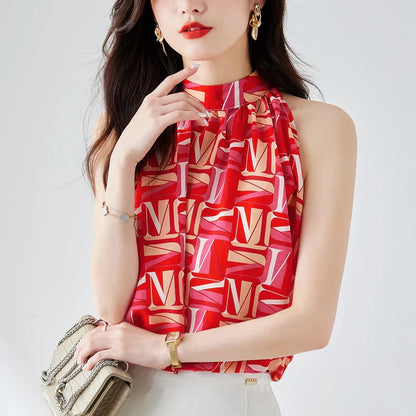 Vrouwelijke Chiffon Blouse Mouwloos met V-hals en Letterdruk