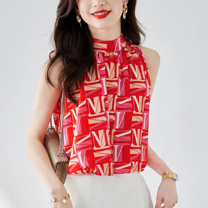 Vrouwelijke Chiffon Blouse Mouwloos met V-hals en Letterdruk
