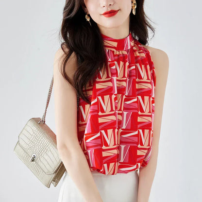 Vrouwelijke Chiffon Blouse Mouwloos met V-hals en Letterdruk