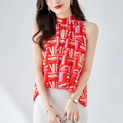 Vrouwelijke Chiffon Blouse Mouwloos met V-hals en Letterdruk - StudioMarella