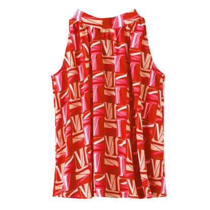 Vrouwelijke Chiffon Blouse Mouwloos met V-hals en Letterdruk