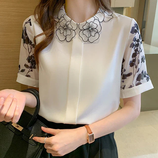 Dames Blouse Korte Mouwen Zomerse Print Chiffon - StudioMarella