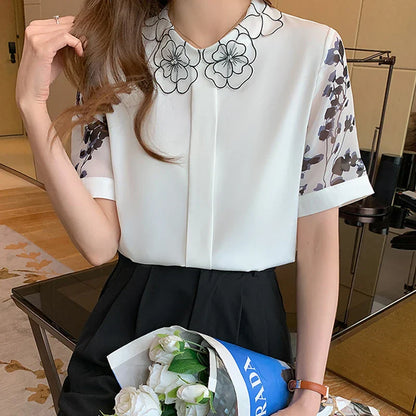 Dames Blouse Korte Mouwen Zomerse Print Chiffon