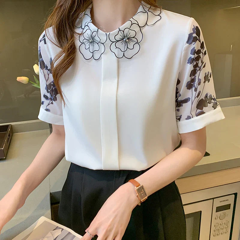 Dames Blouse Korte Mouwen Zomerse Print Chiffon