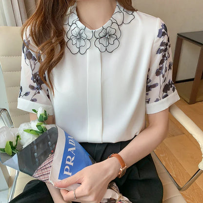 Dames Blouse Korte Mouwen Zomerse Print Chiffon