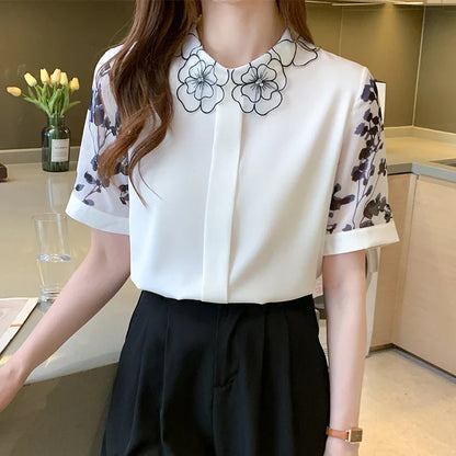 Dames Blouse Korte Mouwen Zomerse Print Chiffon