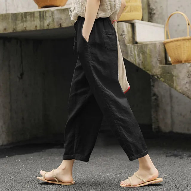 Dames Broek Zomerse Linnen Katoen Effen Kleur met Zakken - StudioMarella