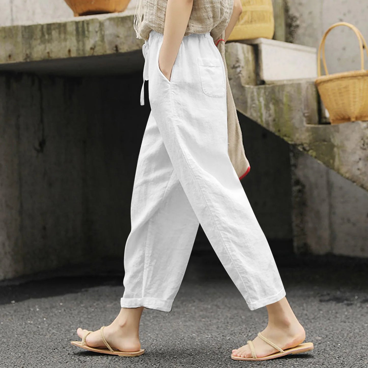 Dames Broek Zomerse Linnen Katoen Effen Kleur met Zakken