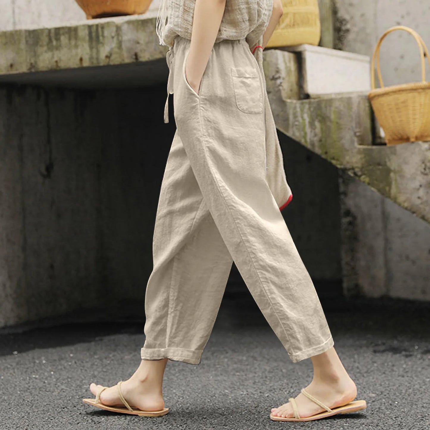 Dames Broek Zomerse Linnen Katoen Effen Kleur met Zakken