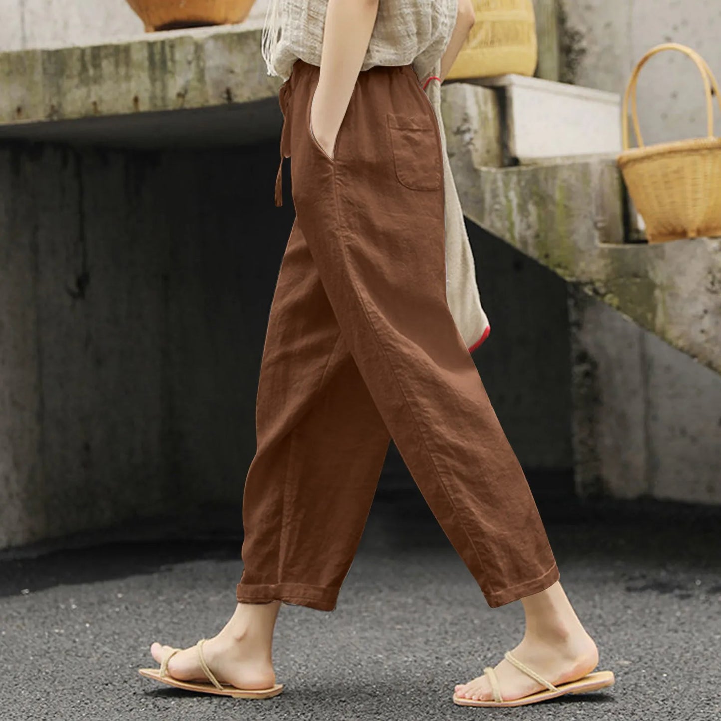 Dames Broek Zomerse Linnen Katoen Effen Kleur met Zakken