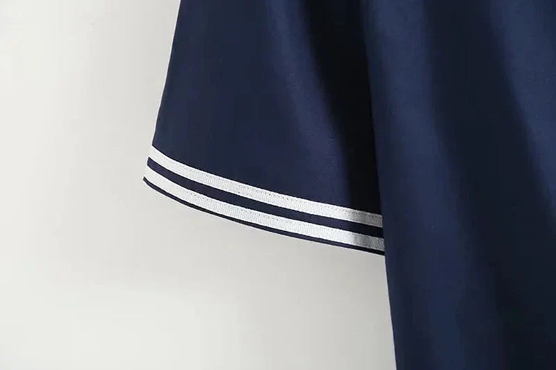 Marineblauwe Blouse met Patchwork Design