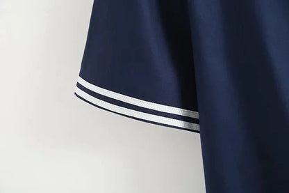 Marineblauwe Blouse met Patchwork Design