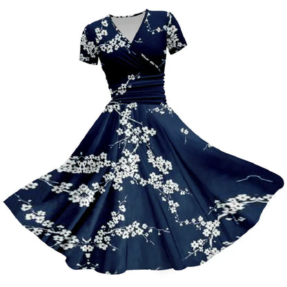 Blauwe Zomerjurk Bloemenprint Elegante Vrouwenjurk