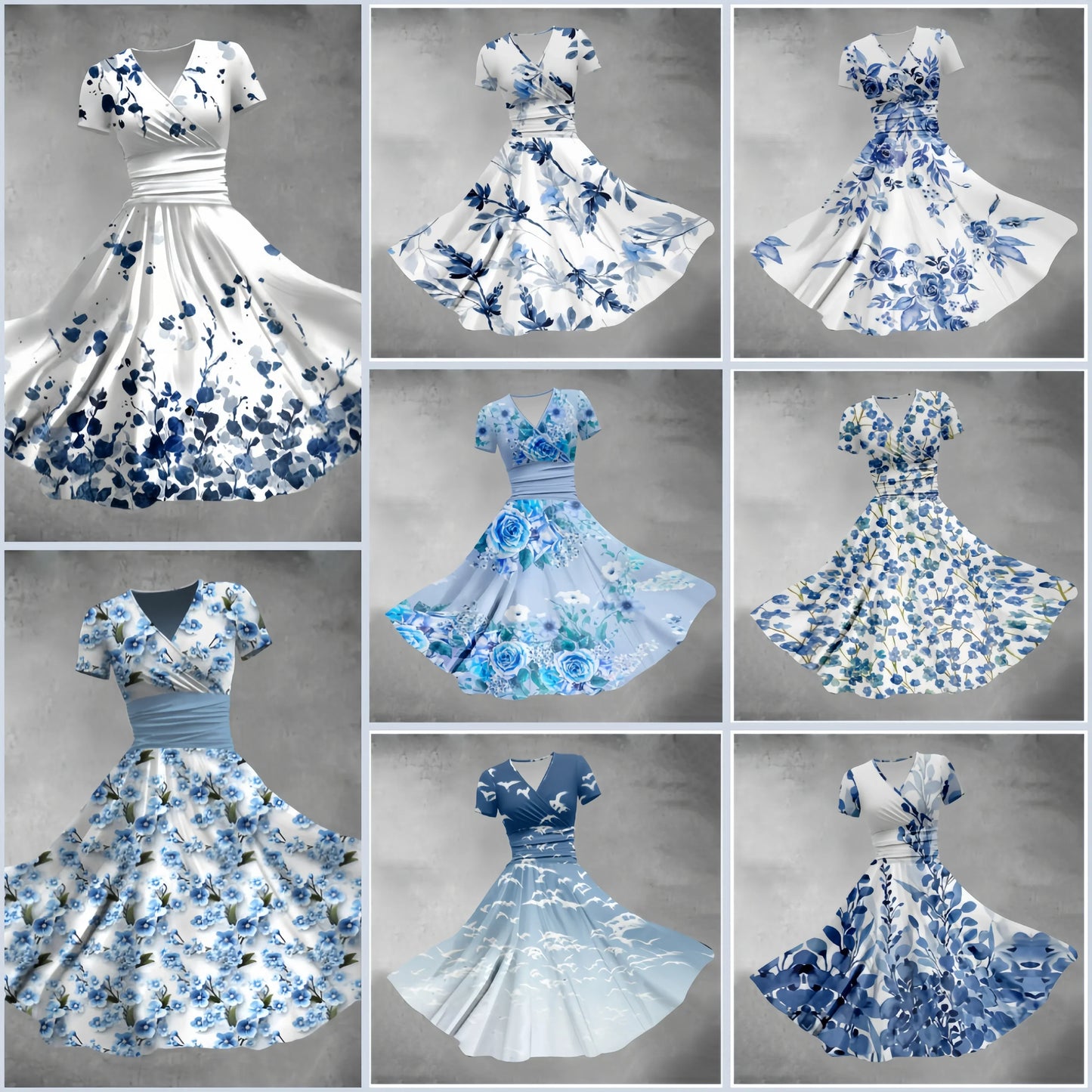 Blauwe Zomerjurk Bloemenprint Elegante Vrouwenjurk