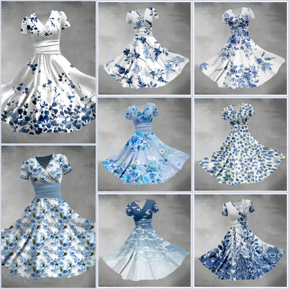 Blauwe Zomerjurk Bloemenprint Elegante Vrouwenjurk